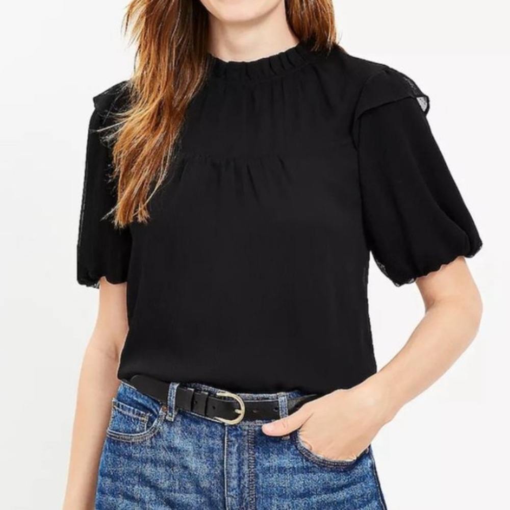 LOFT Ruffle Neck Balloon Sleeve Top Black Small
